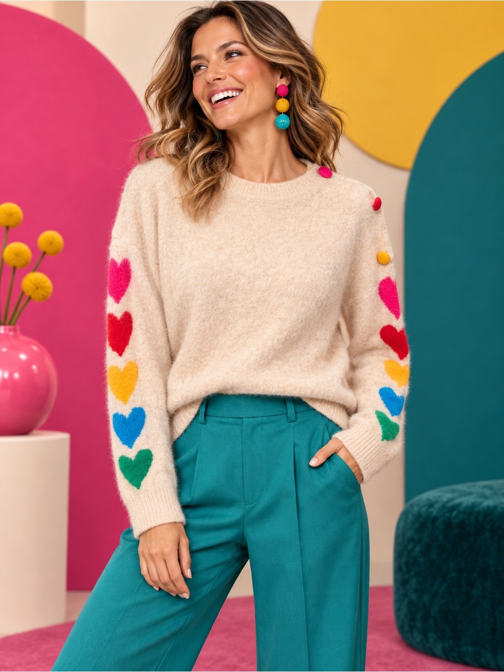 NWT Astrid Clothing Sadie Cream Heart-Sleeve Fuzzy Sweater  Size L
